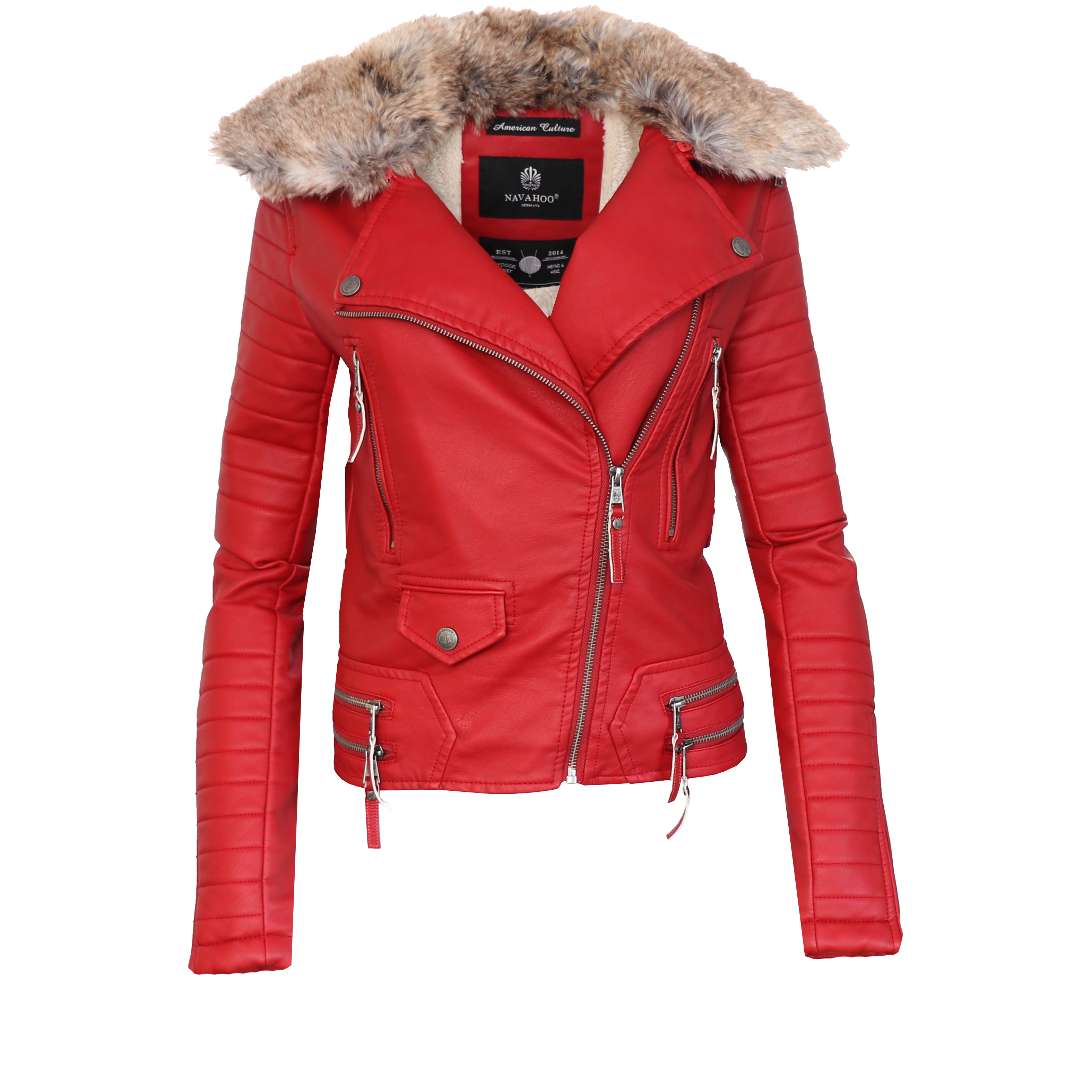 Navahoo Sidecast Rockige Damen Kunstlederjacke mit Teddyfell Futter und Kunstfellkragen Rot Gr. 44 - XL
