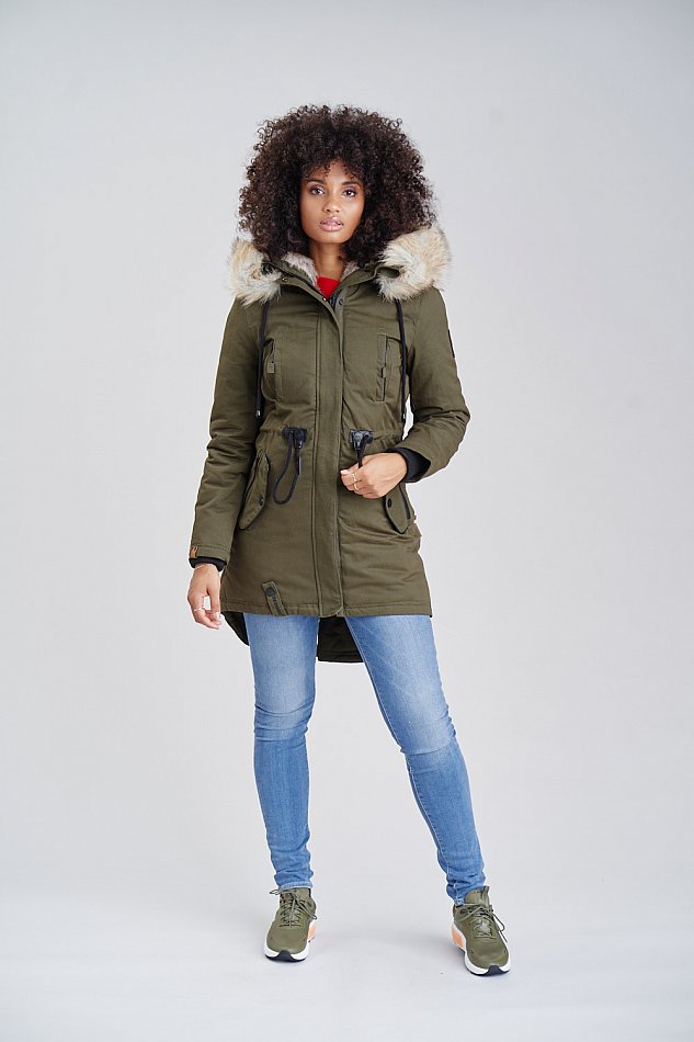 Navahoo Bombii Damen Wintermantel Parka mit Kunstfell & Kapuze Olive Gr. 36 - S