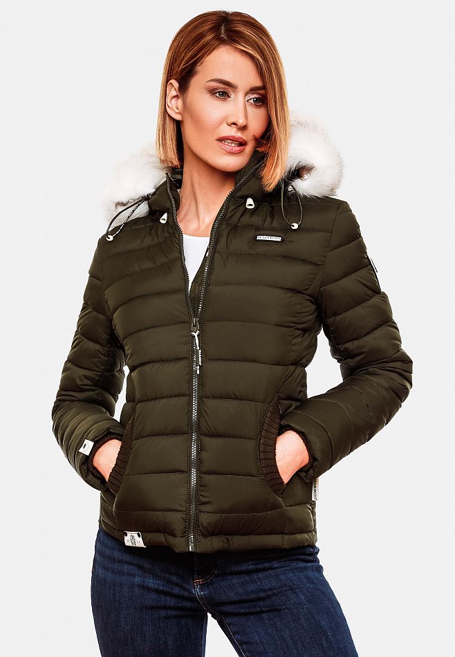 Marikoo Nasriin Damen Übergangsjacke Steppjacke mit Kunstfell Olive Gr. 34 - XS