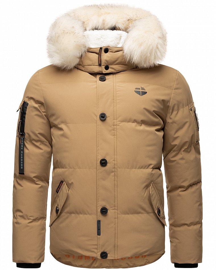 Stone Harbour Halvaar Herren Winterjacke gesteppt Braun mit Weißem Kunstfell Gr. 48 - M