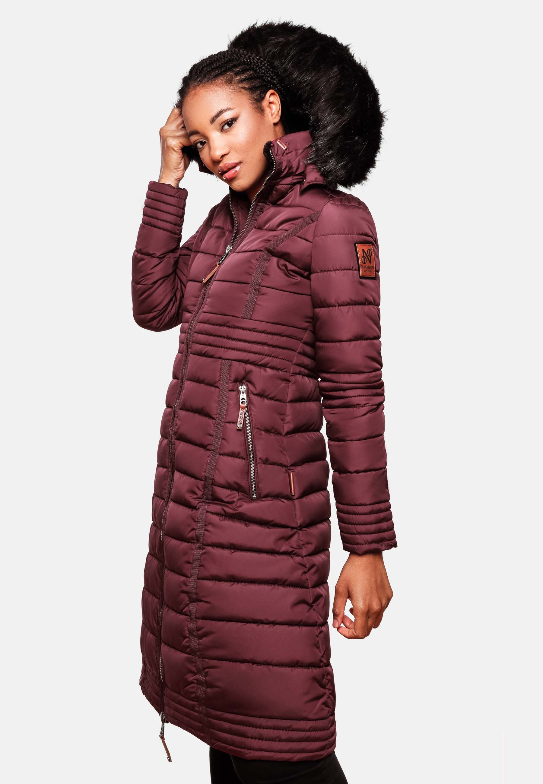 Navahoo Umay Damen Steppmantel Winterjacke mit Fellkragen Wine Gr. 34 - XS