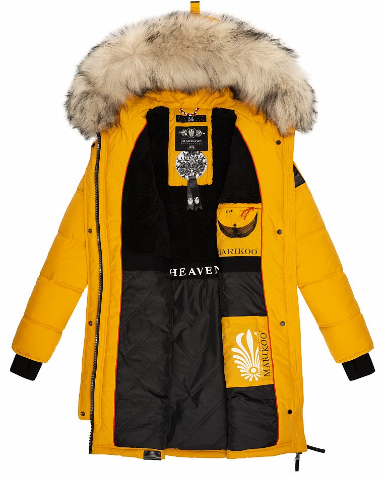 Marikoo Chaskaa Damen Winter Steppmantel Parka mit Kapuze & Kunstfell Gelb Gr. 38 - M