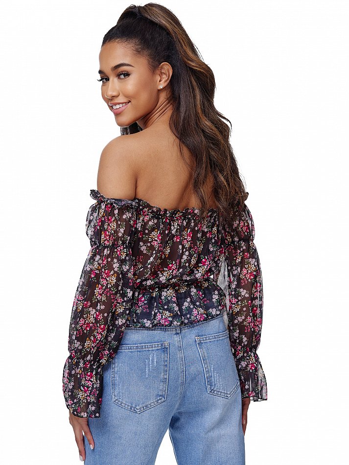 Damen Shoulder Carmen Top mit floralem Print Schwarz Einheitsgröße Gr. 34 - 38 RS02