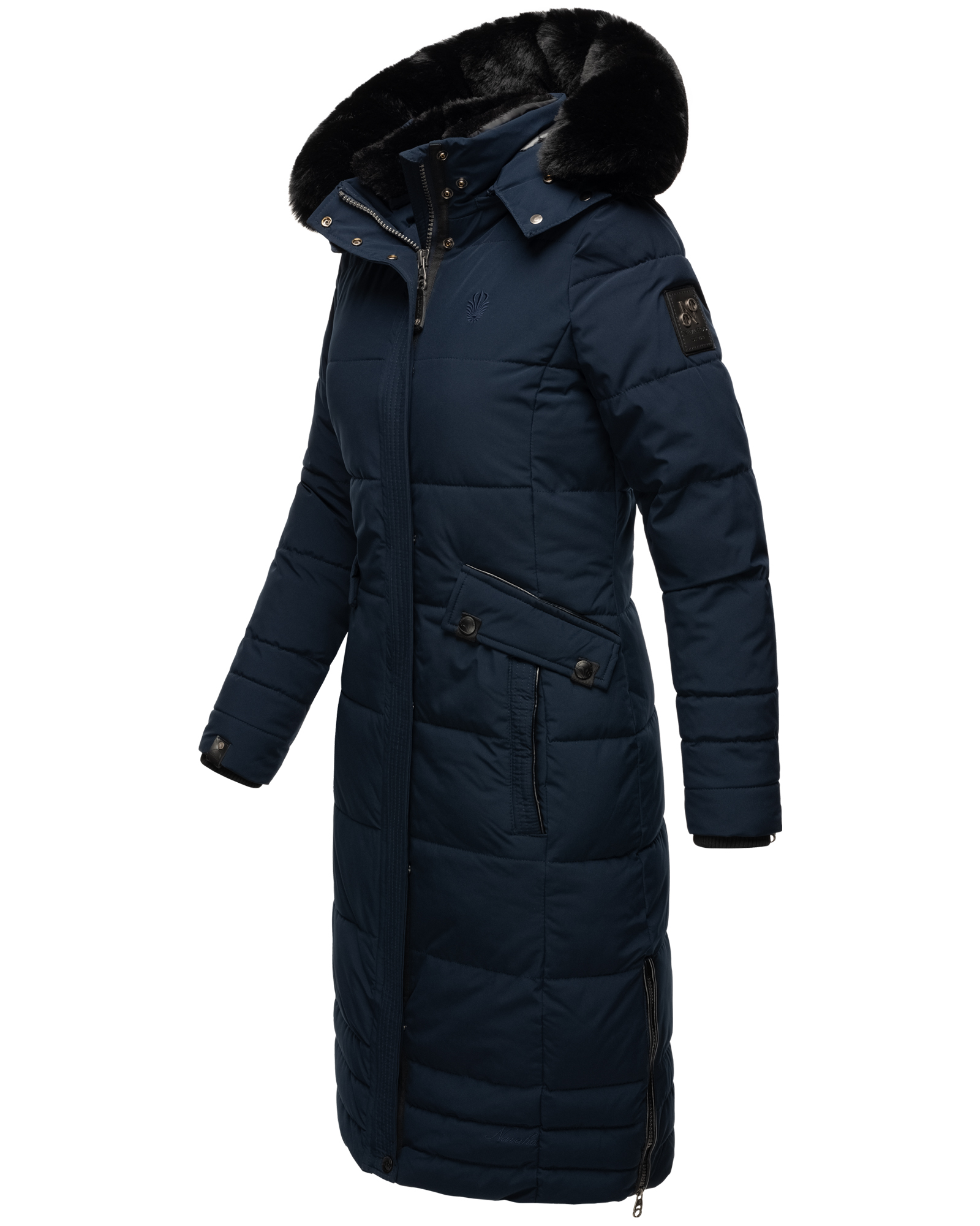 Navahoo Fahmiyaa Damen lange Winterjacke Mantel mit Kapuze Navy Gr. 36 - S