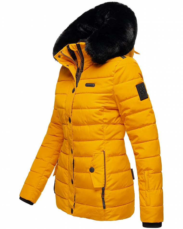 Navahoo Milianaa Damen Winter Steppjacke gefüttert Kapuze mit Kunstfell Gelb Gr. 38 - M