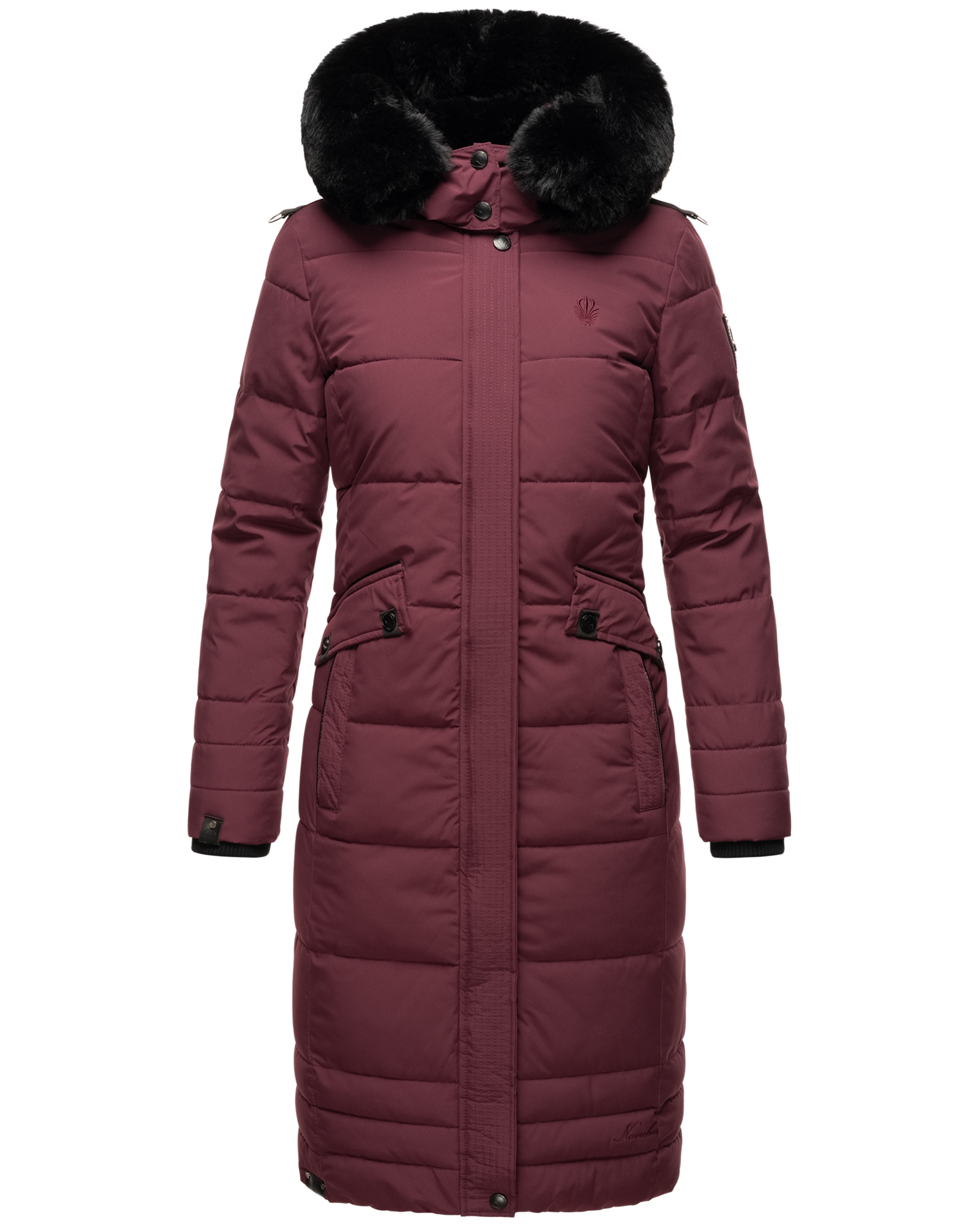 Navahoo Fahmiyaa Damen lange Winterjacke Mantel mit Kapuze Weinrot Gr. 38 - M