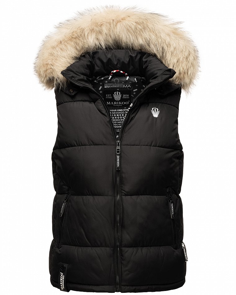 Marikoo Eisflöckchen Damen Winter Steppweste mit Kunstfell Schwarz Gr. 40 - L