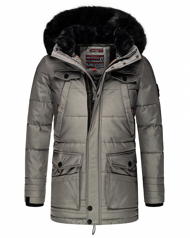 Navahoo Luaan Herren Wintermantel Parka mit Kunstfell & Kapuze Grau Gr. M