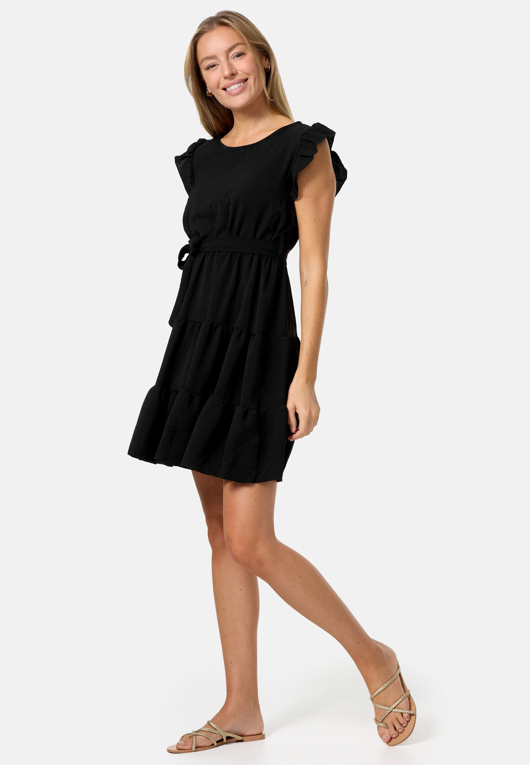 Pm Selected Sommerkleid Midi Mini Kleid Rüschen PM27 Schwarz Einheitsgröße