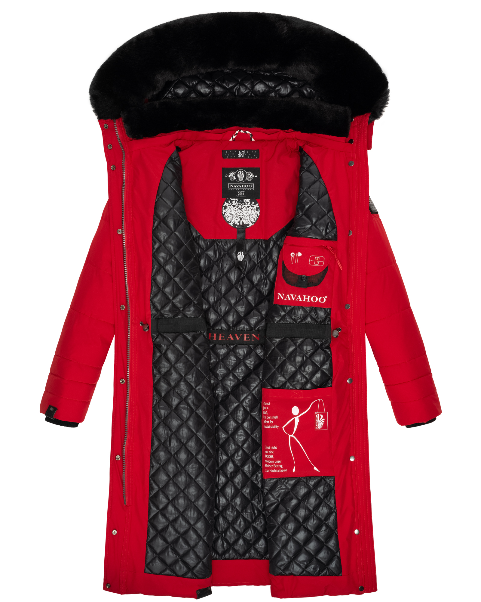 Navahoo Fahmiyaa Damen lange Winterjacke Mantel mit Kapuze Rot Gr. 44 - XXL