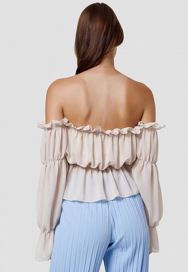 Damen Süßes Sommer schulterfreies Top im bauchfreien Carmen Look Beige RS20