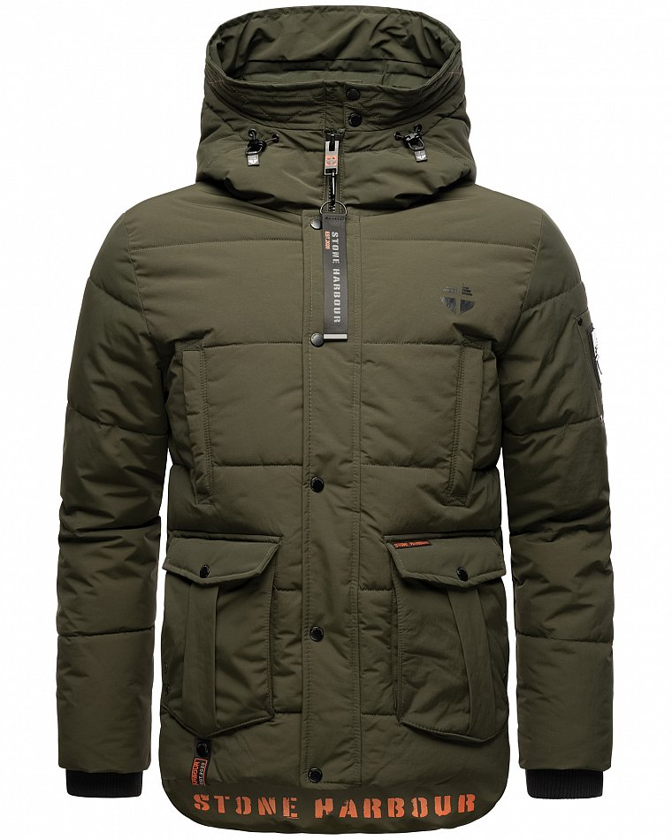 Stone Harbour Admaroo Herren Winterjacke gesteppt mit Kapuze Olive Gr. 46 - S