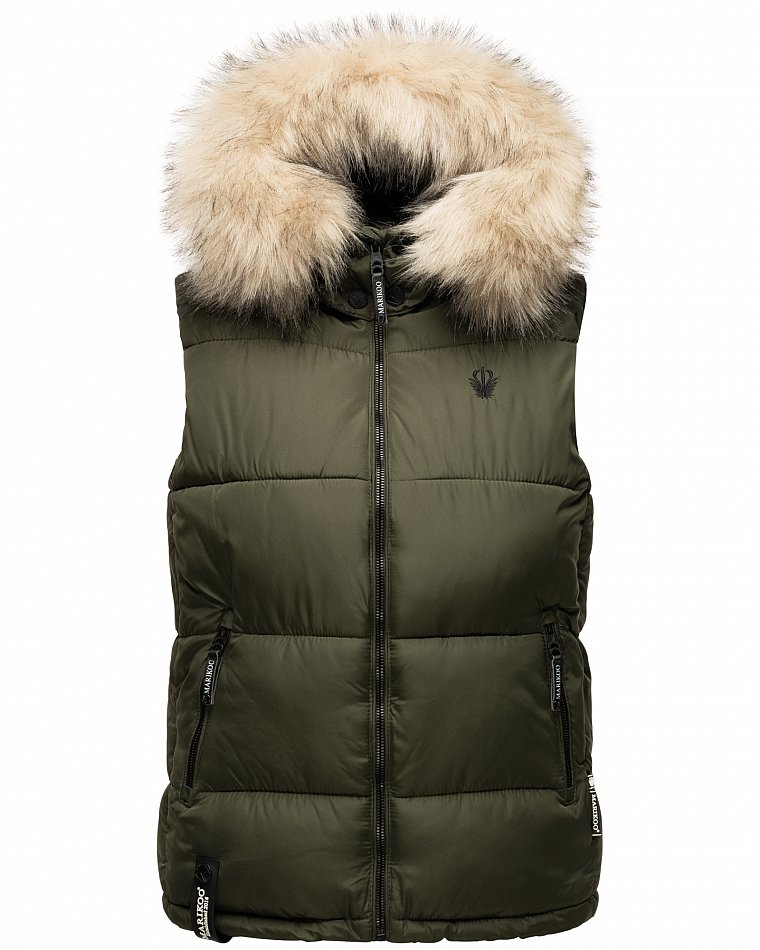 Marikoo Eisflöckchen Damen Winter Steppweste mit Kunstfell Olive Gr. 36 - S