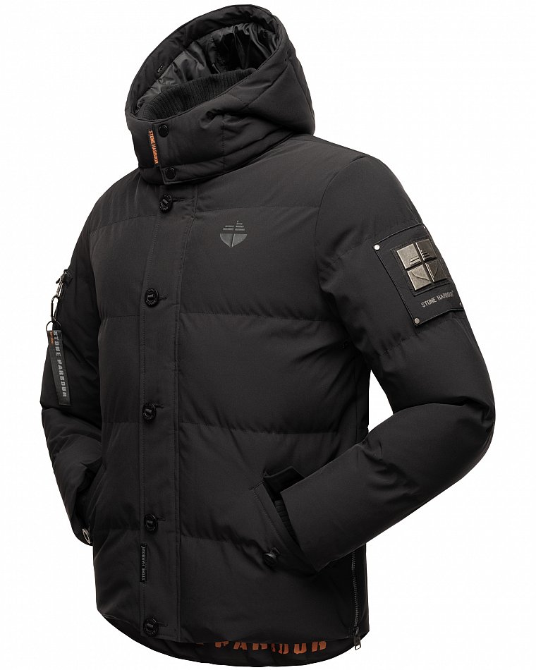 Stone Harbour Halvaar Herren Winterjacke gesteppt Schwarz mit Schwarzem Kunstfell Gr. 48 - M