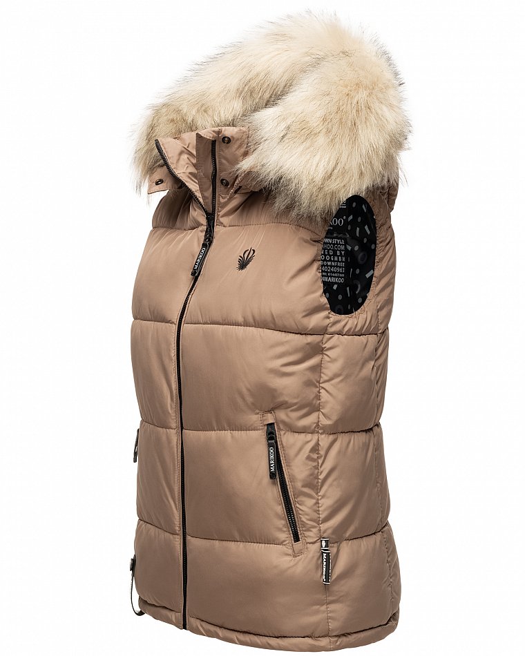 Marikoo Eisflöckchen Damen Winter Steppweste mit Kunstfell Taupe Gr. 38 - M