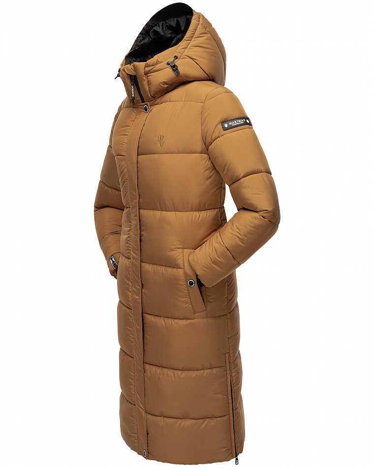 Marikoo langer Damen Winter Steppmantel mit Kapuze und Teddyfell Futter Reliziaa Camel Gr. 34 - XS