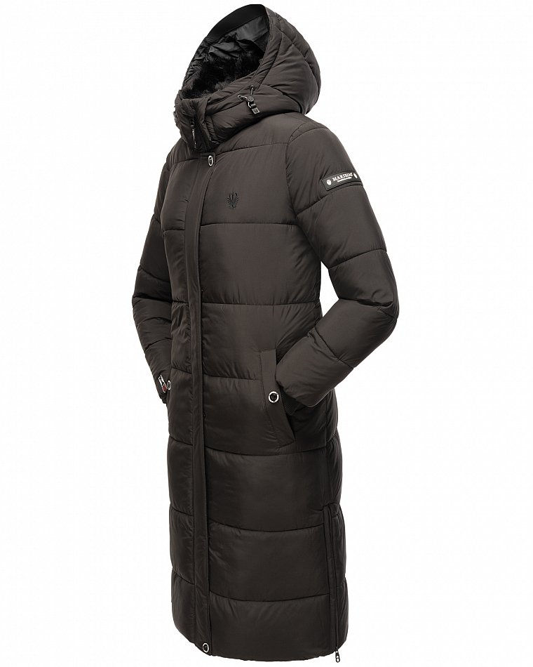 Marikoo langer Damen Winter Steppmantel mit Kapuze und Teddyfell Futter Reliziaa Schwarz Gr. 40 - L