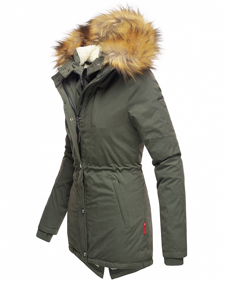 Marikoo Akira Damen Winter Jacke Parka Gefüttert mit Kapuze Olive Gr. 40 - L