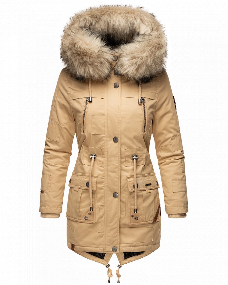 Navahoo Honigfee Damen Winterjacke Parka mit Kunstfell  & Kapuze Beige Gr. 40 - L