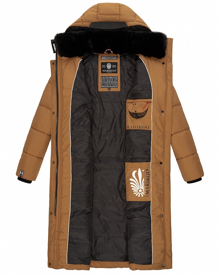 Marikoo langer Damen Winter Steppmantel mit Kapuze und Teddyfell Futter Reliziaa Camel Gr. 34 - XS