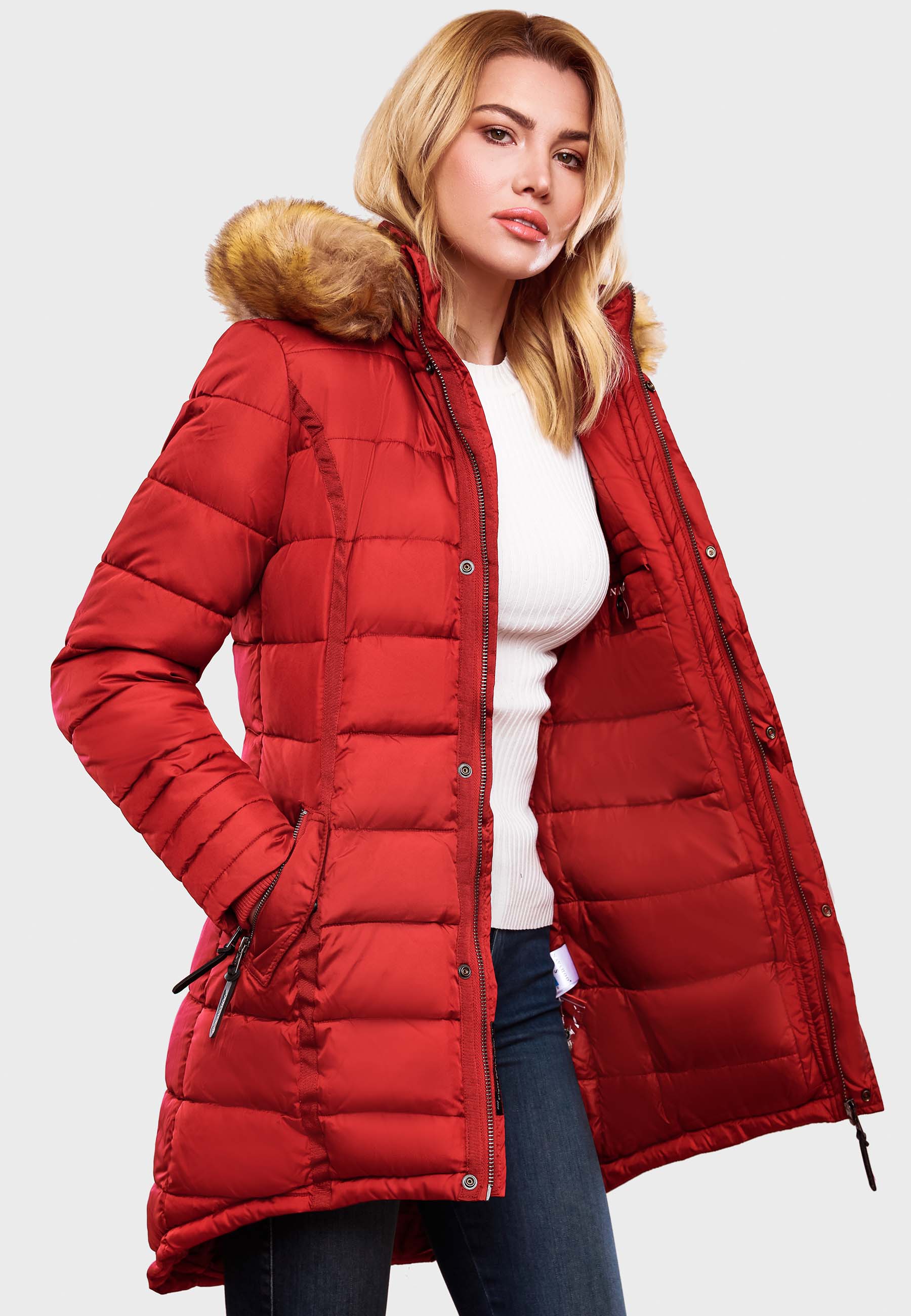 Navahoo Papaya Winter Mantel Steppjacke Gefüttert Mit Kapuze Rot Gr. 36 - S