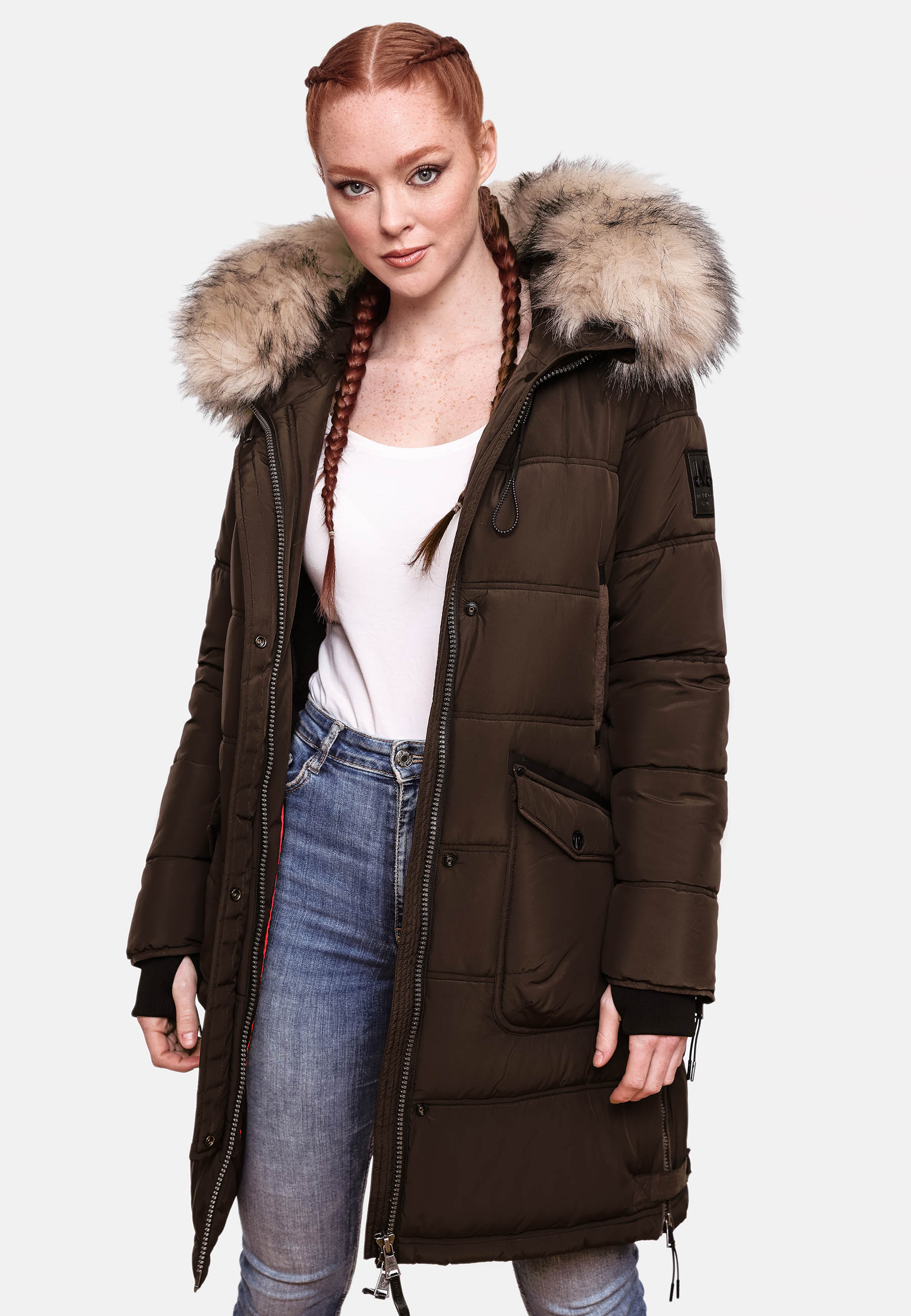 Marikoo Chaskaa Damen Winter Steppmantel Parka mit Kapuze & Kunstfell Schoko Gr. 40 - L
