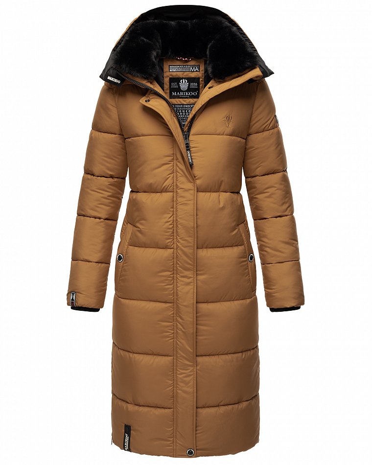 Marikoo langer Damen Winter Steppmantel mit Kapuze und Teddyfell Futter Reliziaa Camel Gr. 34 - XS