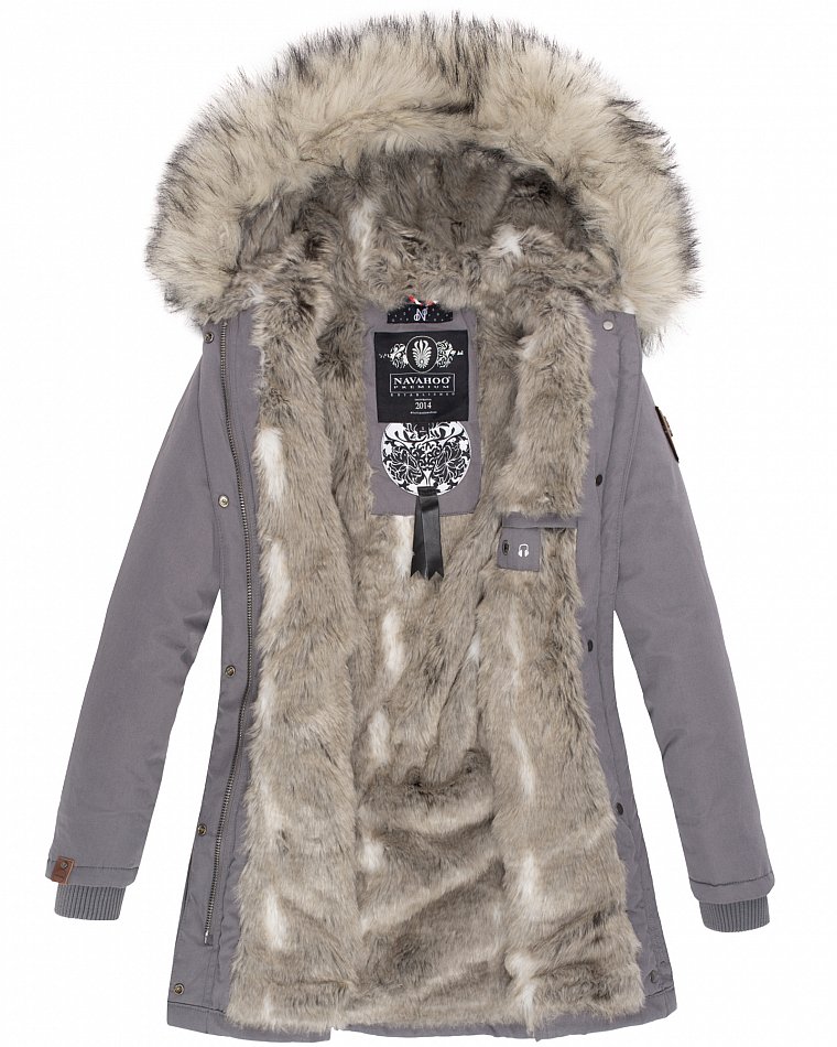 Navahoo Cristal Winterjacke Winterparka mit Kapuze & Kunstfell Grau Gr. S - 36