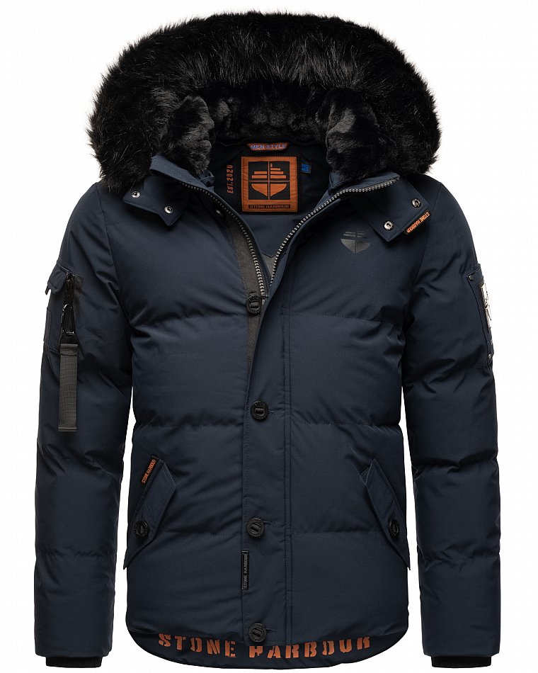 Stone Harbour Halvaar Herren Winterjacke gesteppt Navy mit Schwarzem Kunstfell Gr. 46 - S