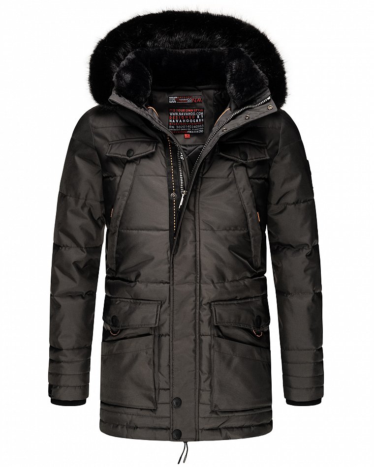 Navahoo Luaan Herren Wintermantel Parka mit Kunstfell & Kapuze Anthrazit Gr. XL