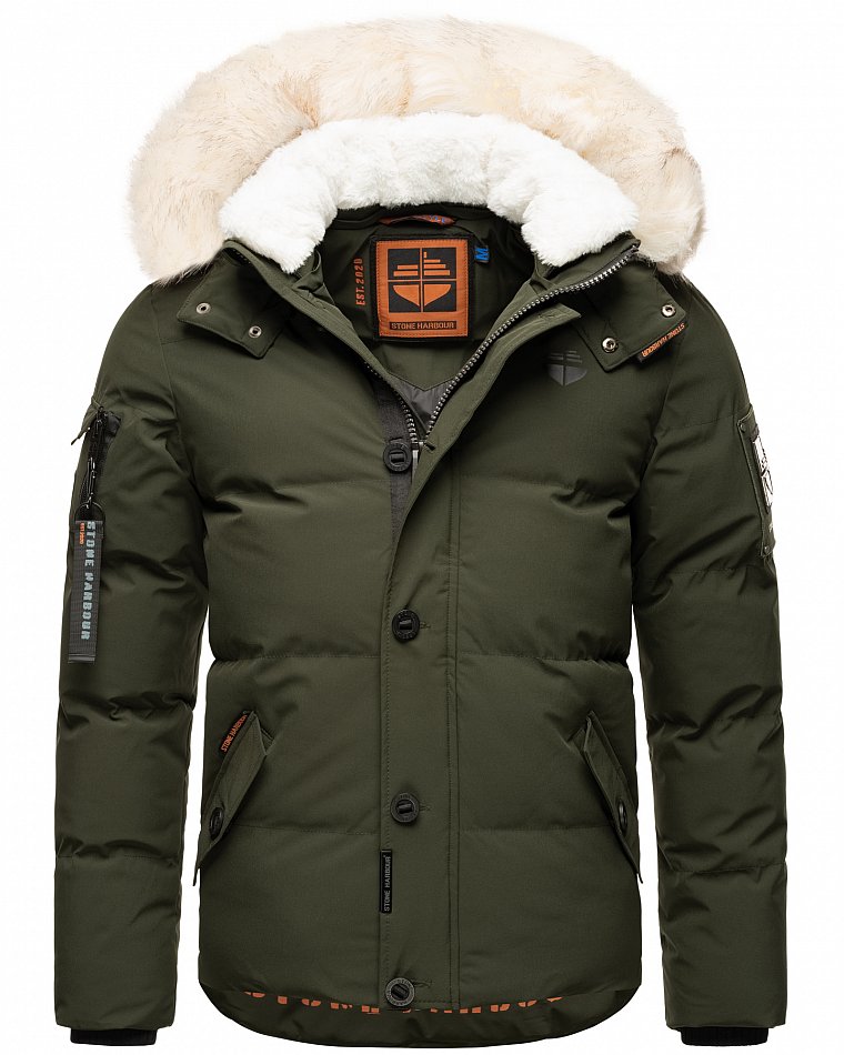 Stone Harbour Halvaar Herren Winterjacke gesteppt Olive mit Weißem Kunstfell Gr. 48 - M