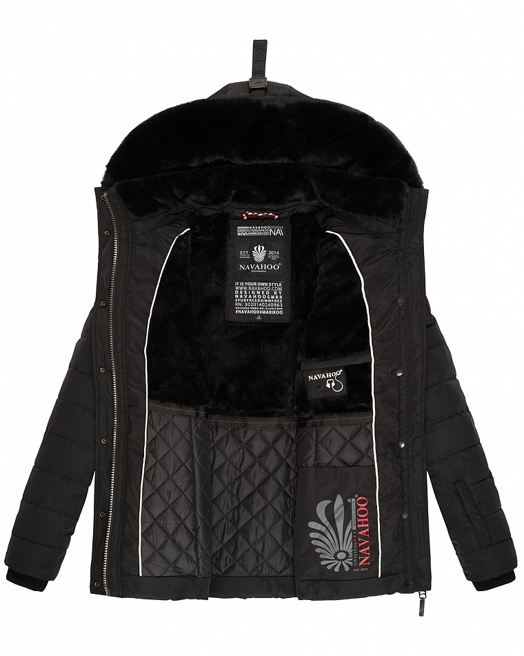 Navahoo Milianaa Damen Winter Steppjacke gefüttert Kapuze mit Kunstfell Schwarz Gr. 38 - M