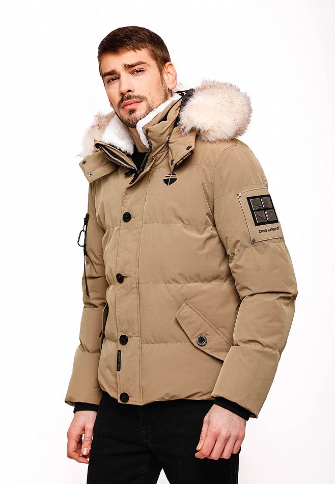 Stone Harbour Halvaar Herren Winterjacke gesteppt Braun mit Weißem Kunstfell Gr. 48 - M