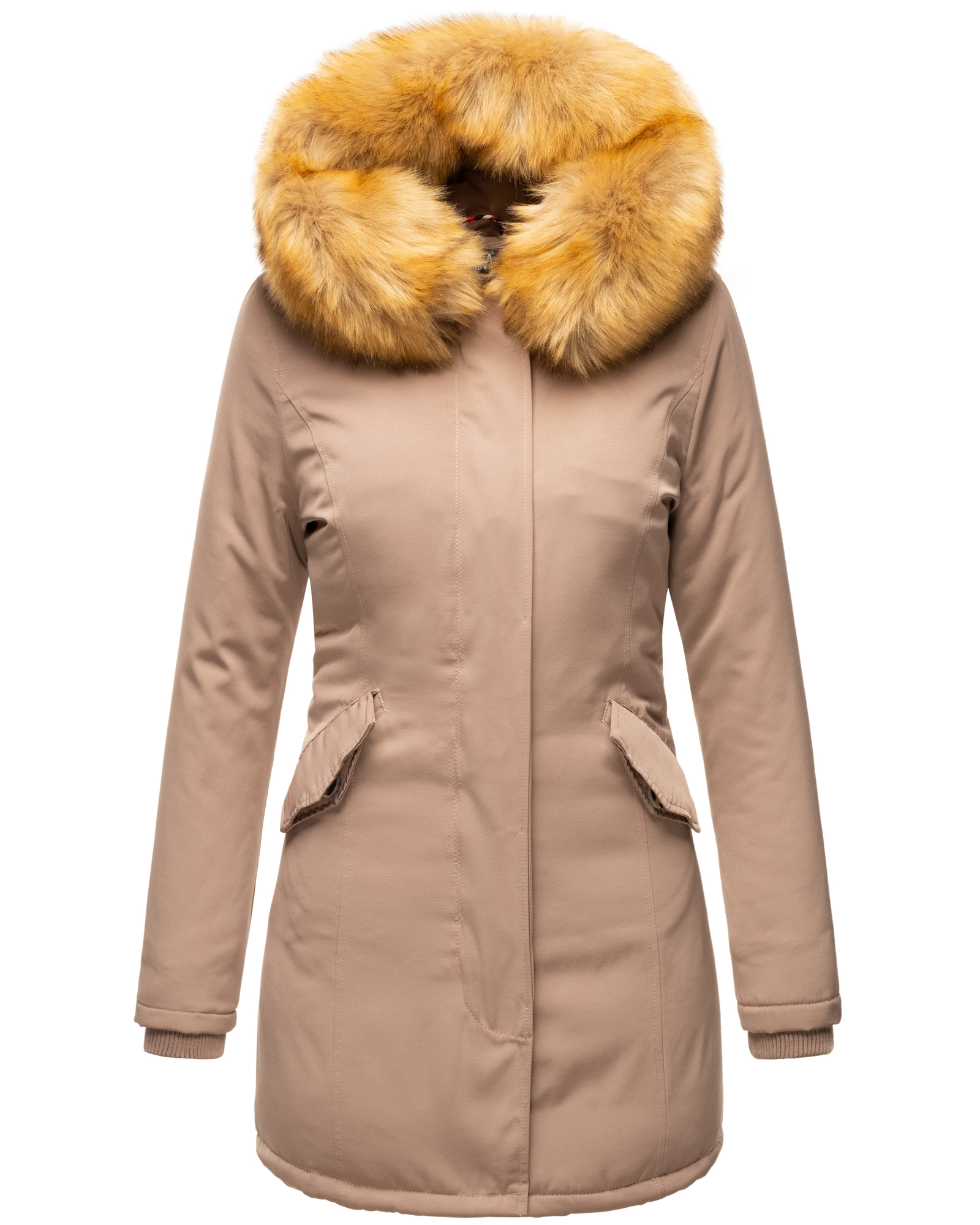 Marikoo Karmaa Eleganter Damen Winter Parka mit Kunstpelz und Kapuze Dunkel Taupe Gr. 34 - XS