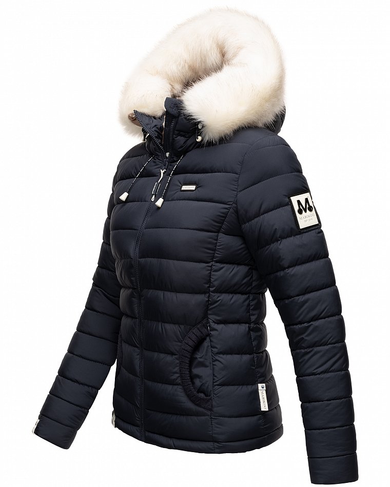 Marikoo Nasriin Damen Übergangsjacke Steppjacke mit Kunstfell Navy Gr. 42 - XL