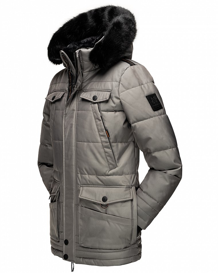 Navahoo Luaan Herren Wintermantel Parka mit Kunstfell & Kapuze Grau Gr. L