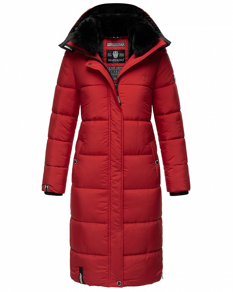 Marikoo langer Damen Winter Steppmantel mit Kapuze und Teddyfell Futter Reliziaa Rot Gr. 36 - S