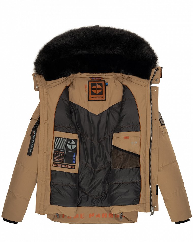 Stone Harbour Halvaar Herren Winterjacke gesteppt Braun mit Schwarzem Kunstfell Gr. 50 - L