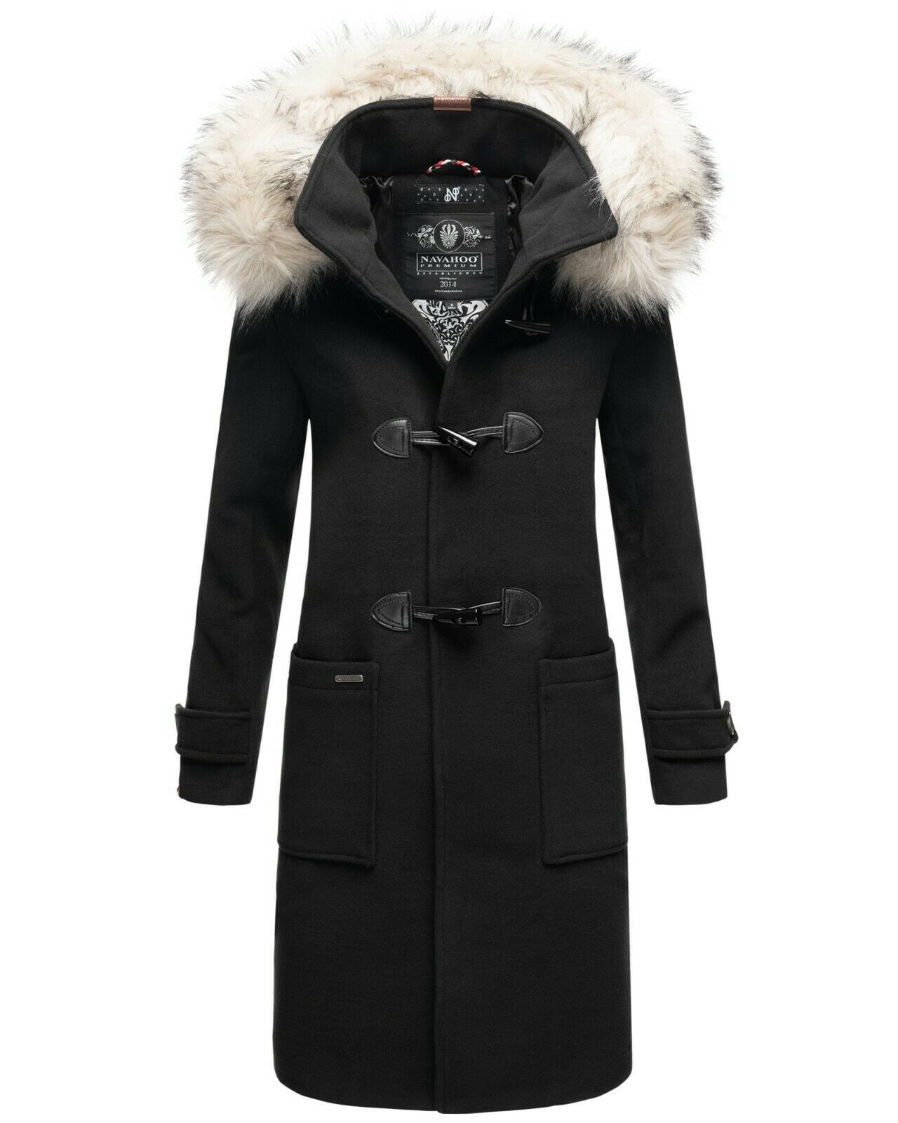 Navahoo Oksana Damen Winter Trenchcoat mit Kunstfell Schwarz Gr. 44 - XXL