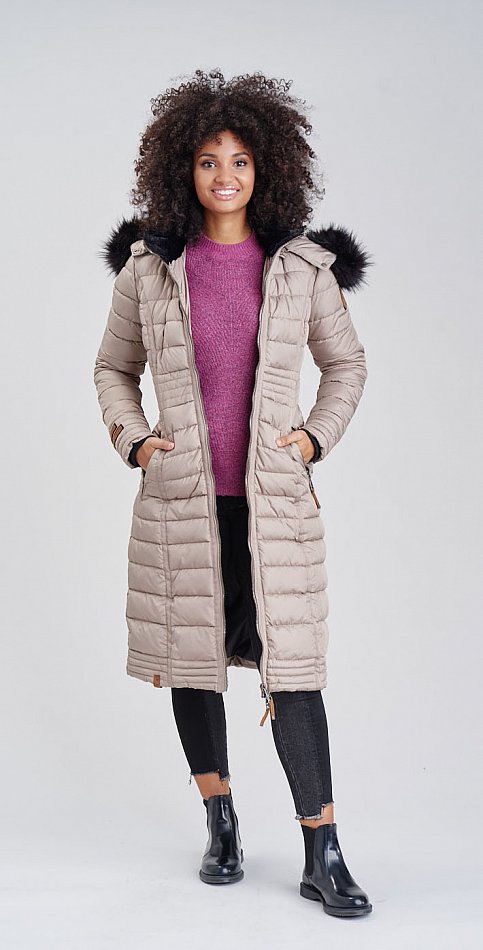 Navahoo Umay Damen Steppmantel Winterjacke mit Fellkragen Taupe Gr. 36 - S