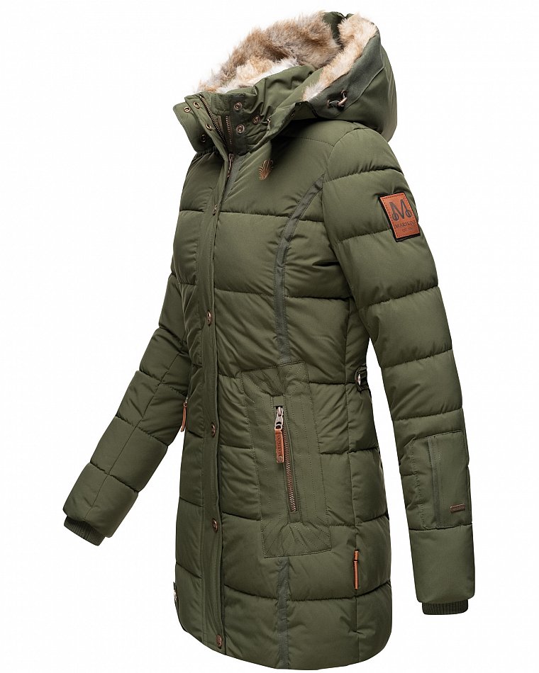 Marikoo Lieblings Jacke Damen Wintermantel Steppmantel mit Kapuze Olive Gr. 40 - L