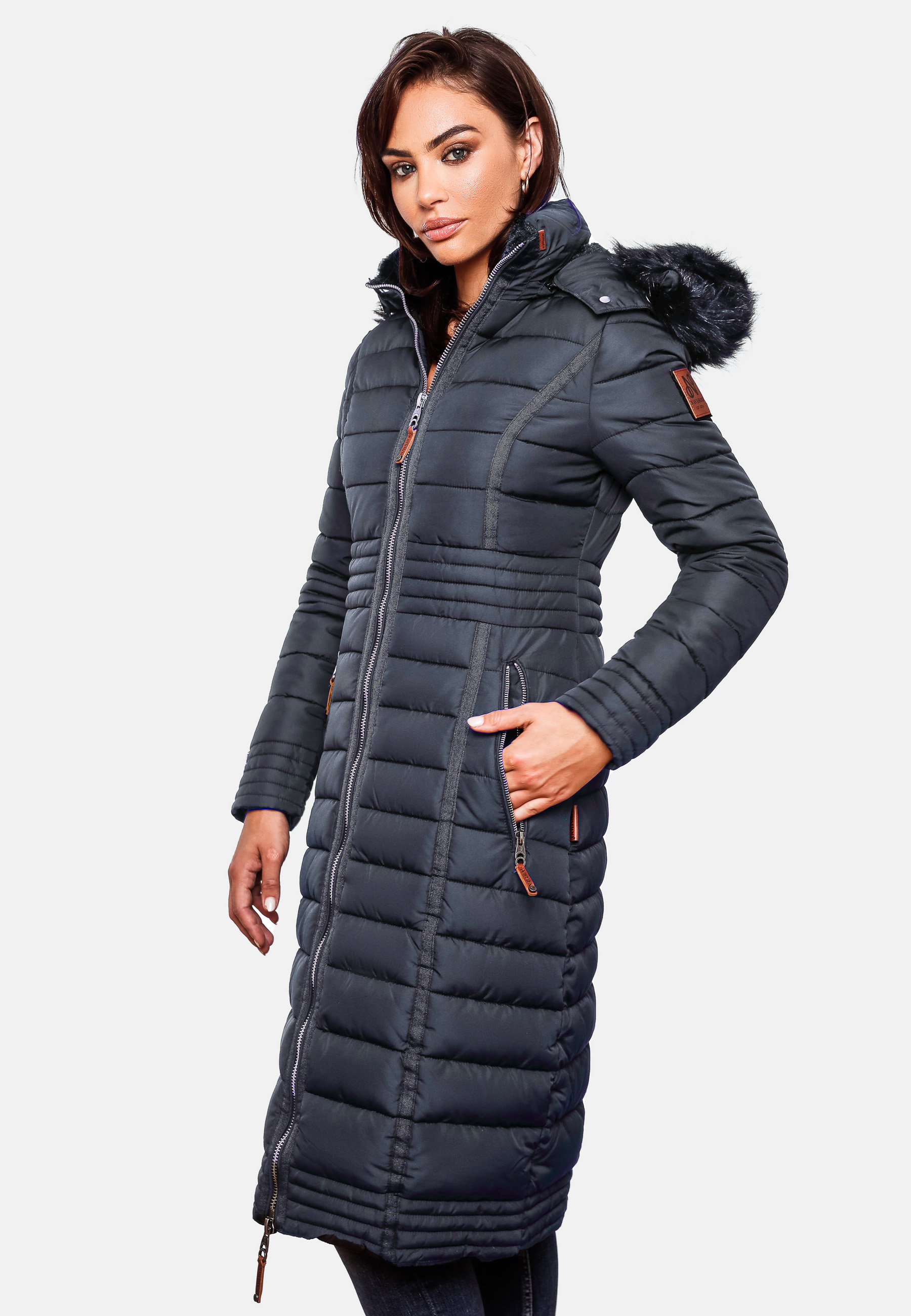 Navahoo Umay Damen Steppmantel Winterjacke mit Fellkragen Navy Gr. 42 - XL