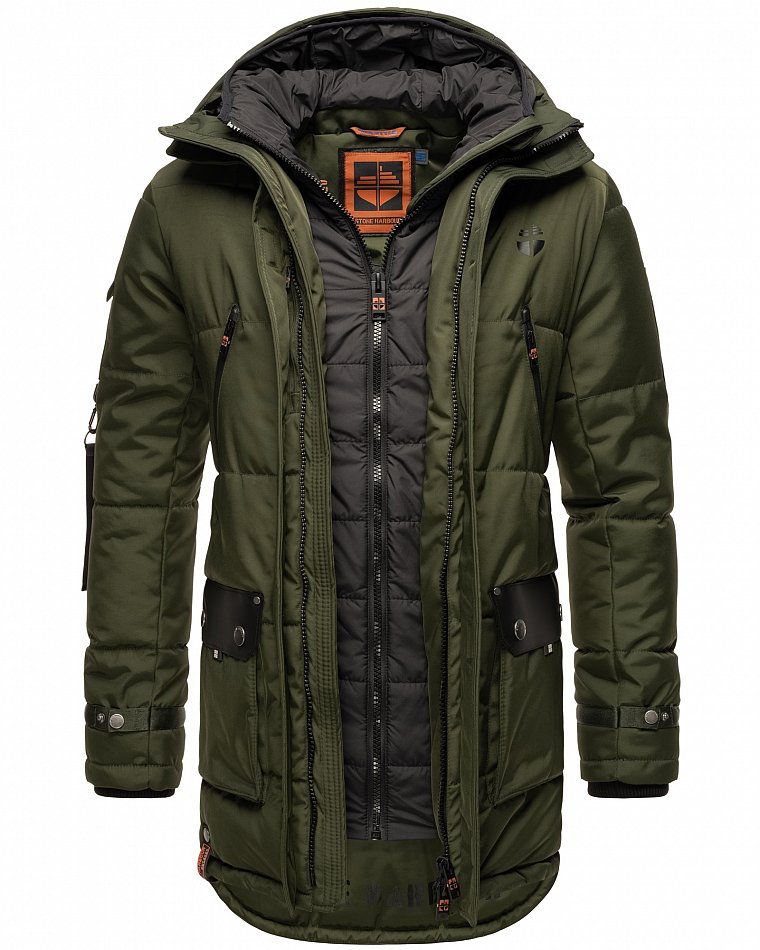 Stone Harbour Herren Winterparka Wintermantel mit Doppel Kapuze Tahaa Olive Gr. 52 - XL