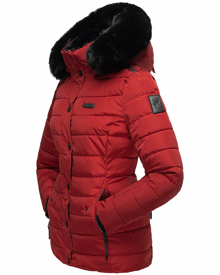Navahoo Milianaa Damen Winter Steppjacke gefüttert Kapuze mit Kunstfell Rot Gr. 38 - M