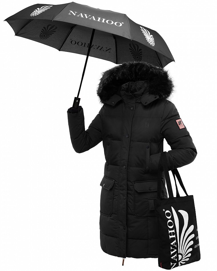 Navahoo Cosimaa Damen Wintermantel mit Teddyfell Gefüttert inkl. Regenschirm Schwarz Gr. 42 - XL