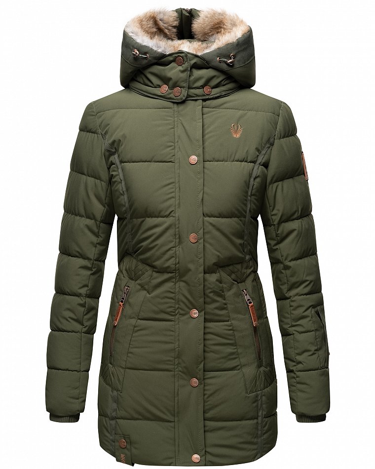 Marikoo Lieblings Jacke Damen Wintermantel Steppmantel mit Kapuze Olive Gr. 40 - L