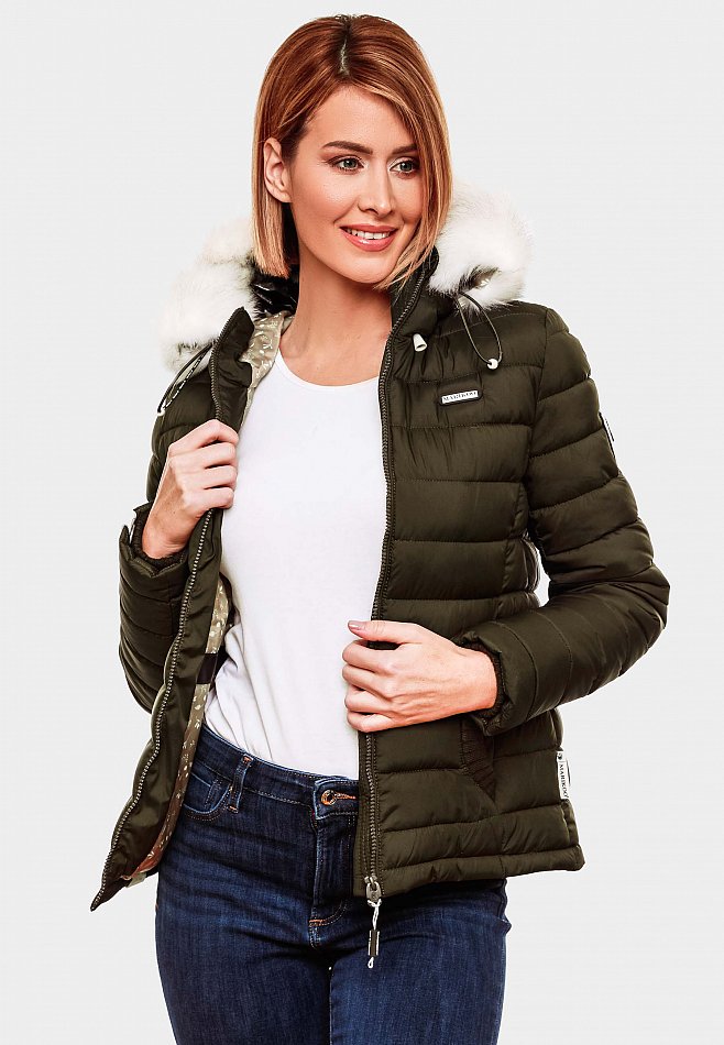 Marikoo Nasriin Damen Übergangsjacke Steppjacke mit Kunstfell Olive Gr. 36 - S