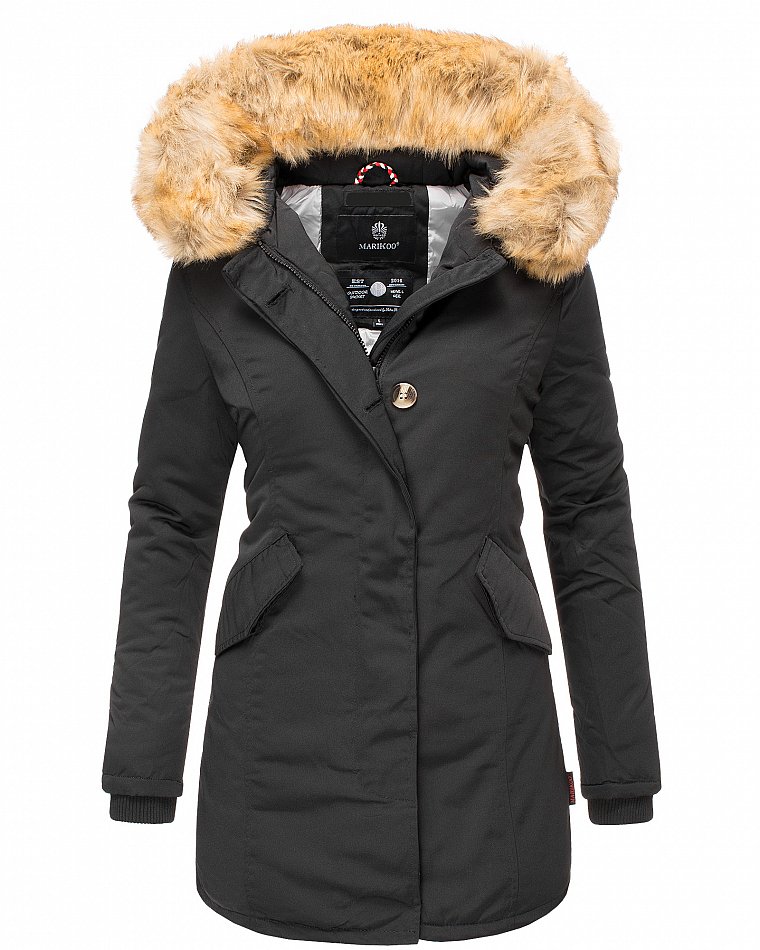 Marikoo Karmaa Eleganter Damen Winter Parka mit Kunstpelz und Kapuze Schwarz Gr. 36 - S