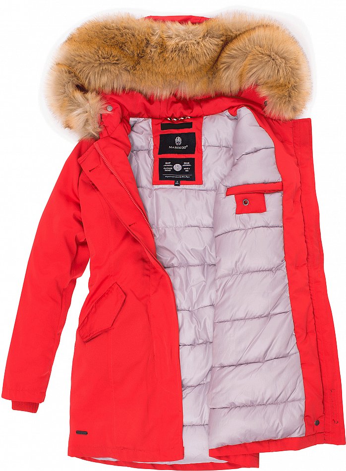 Marikoo Karmaa Eleganter Damen Winter Parka mit Kunstpelz und Kapuze Rot Gr. 40 - L