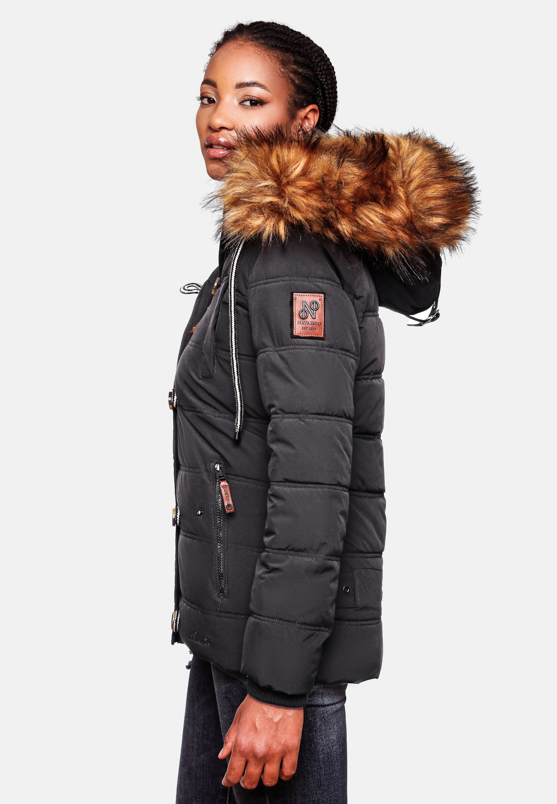 Navahoo Zoja Damen Winterjacke Steppjacke mit abnehmbarem Kunstfell Schwarz 44 - XXL